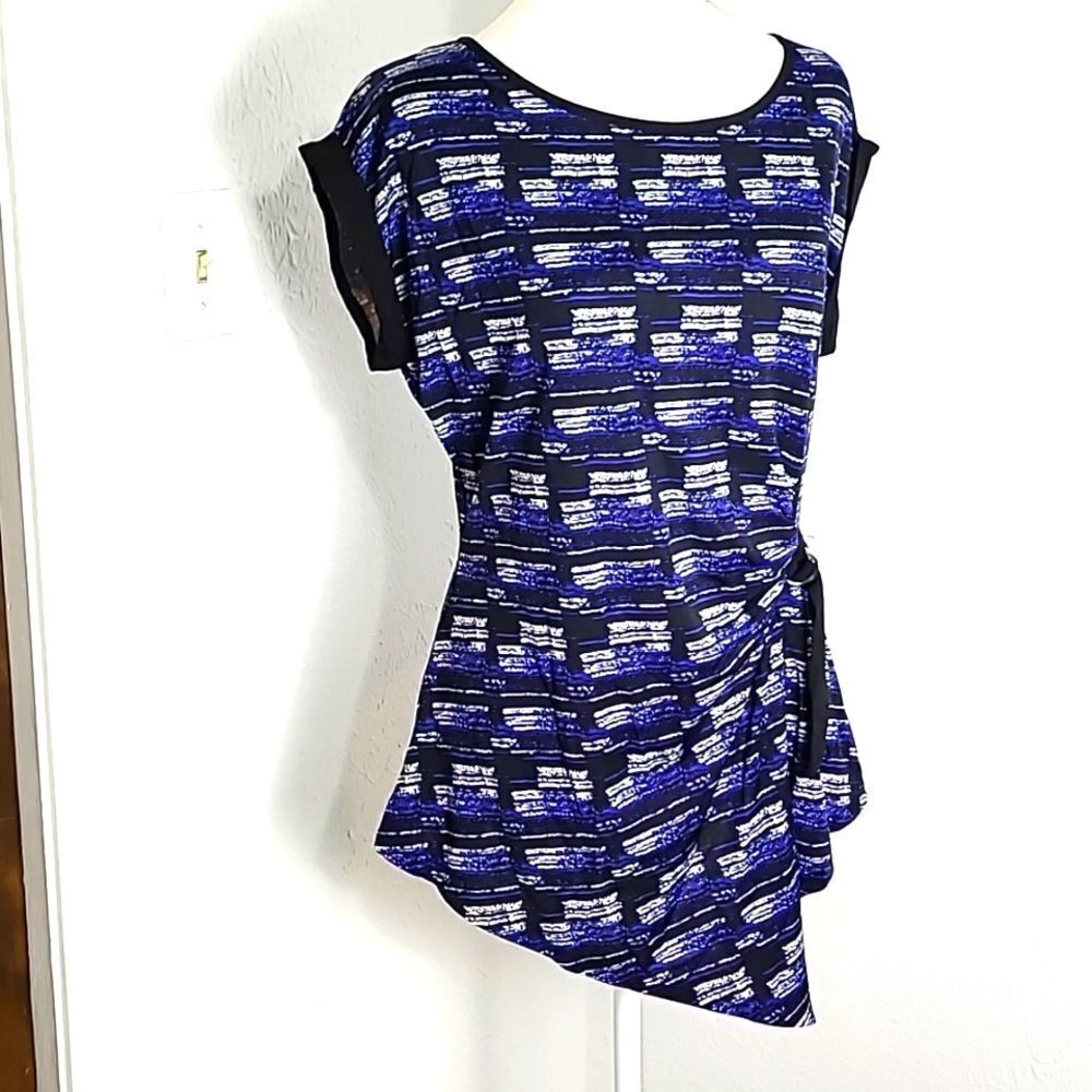 Mandy Evans Navy, Black & White Print Top, Aysemetrical Hem with Belt, Sz Large - Picture 2 of 9